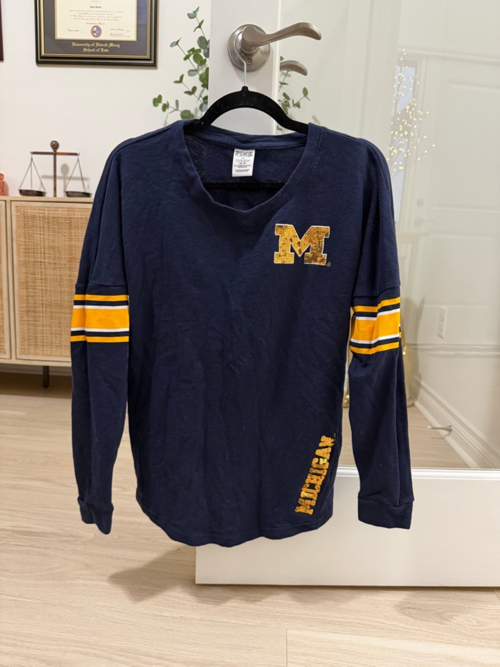 PINK University of Michigan Navy Long Sleeve Tee with sequin accents